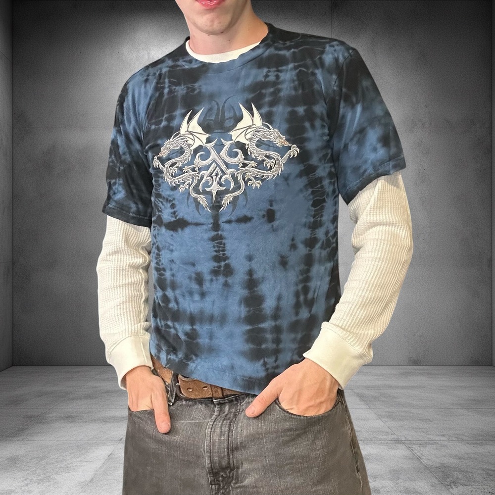 Vintage Y2K Extreme Tie Dye Dragon Graphic T-Shirt Blue Black Skater Grunge S